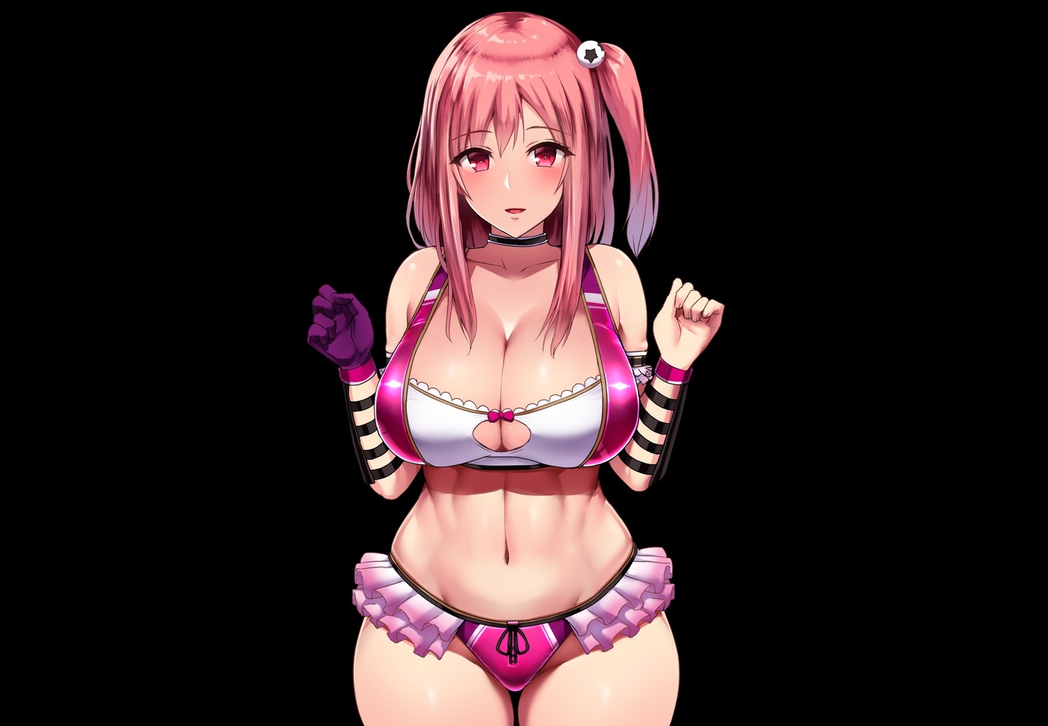 bikini, black, breasts, choker, cleavage, dead_or_alive, gloves, honoka_(doa), ishimiso_(ishimura), long_hair, pink_hair, ponytail, red_eyes, swimsuit