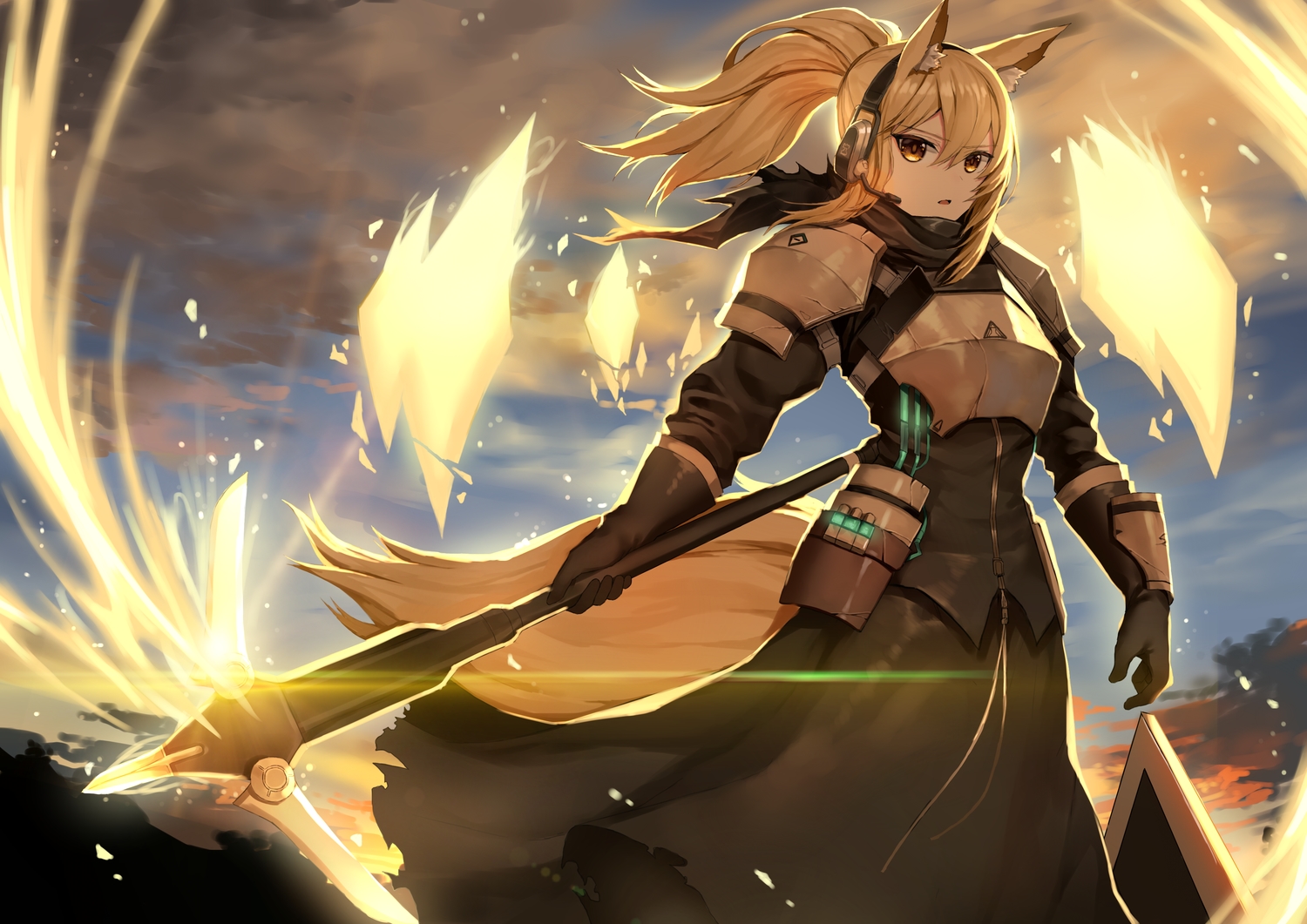 animal_ears, arknights, armor, clouds, gloves, headphones, long_hair, microphone
