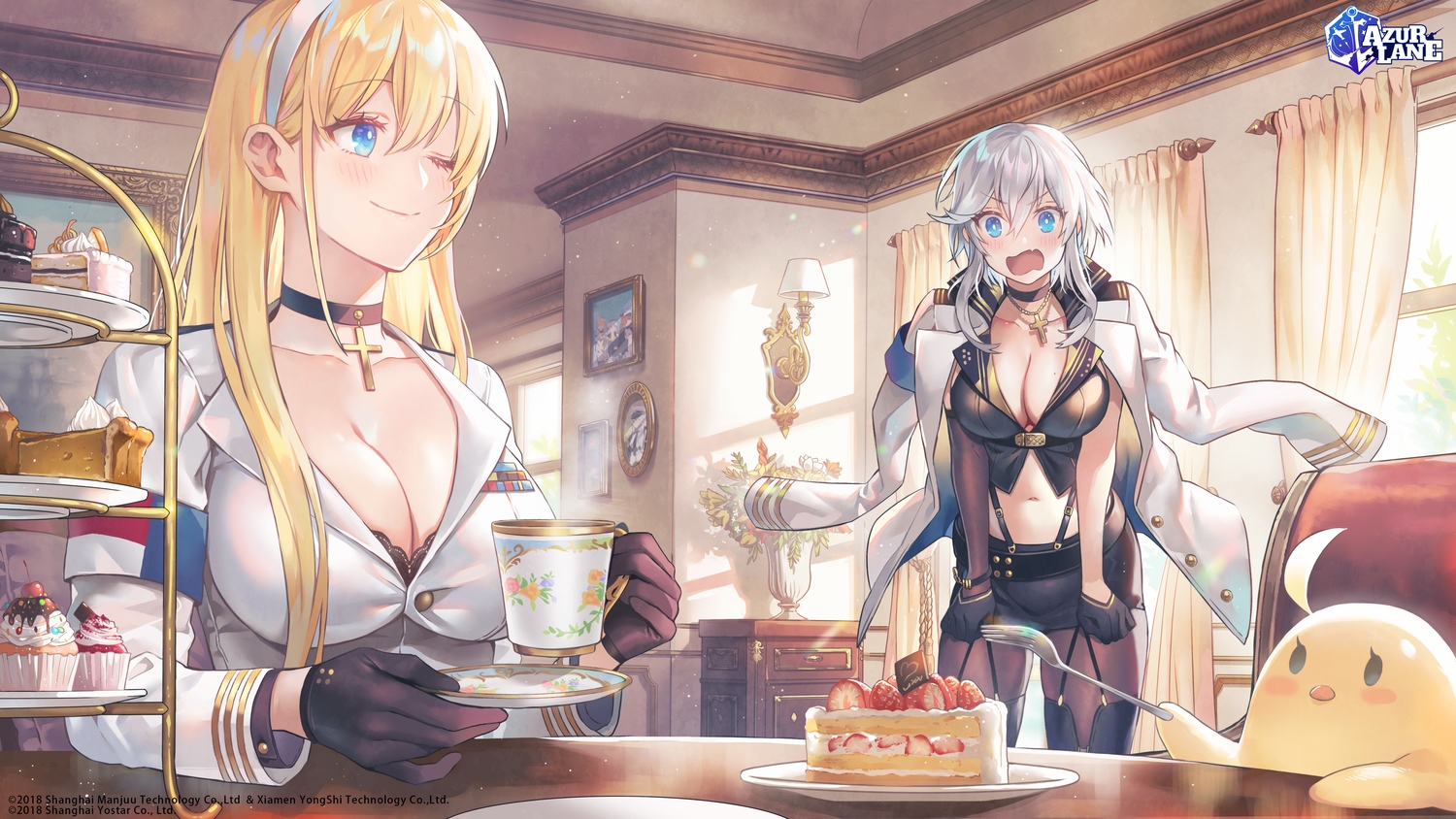 2girls, animal, anthropomorphism, azur_lane, bird, cake, food, jpeg_artifacts, lino_chang, manjuu_(azur_lane), north_carolina_(azur_lane), washington_(azur_lane)