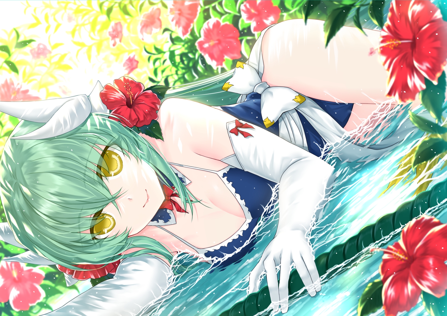 elbow_gloves, fate/grand_order, fate_(series), flowers, gloves, green_hair, horns, kiyohime_(fate/grand_order)