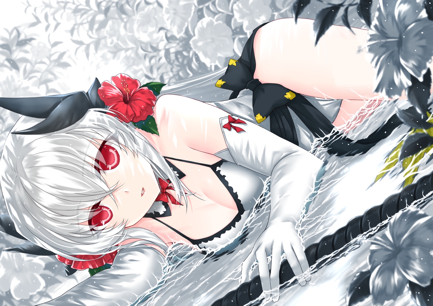 elbow_gloves, fate/grand_order, fate_(series), flowers, gloves, horns, kiyohime_(fate/grand_order), long_hair