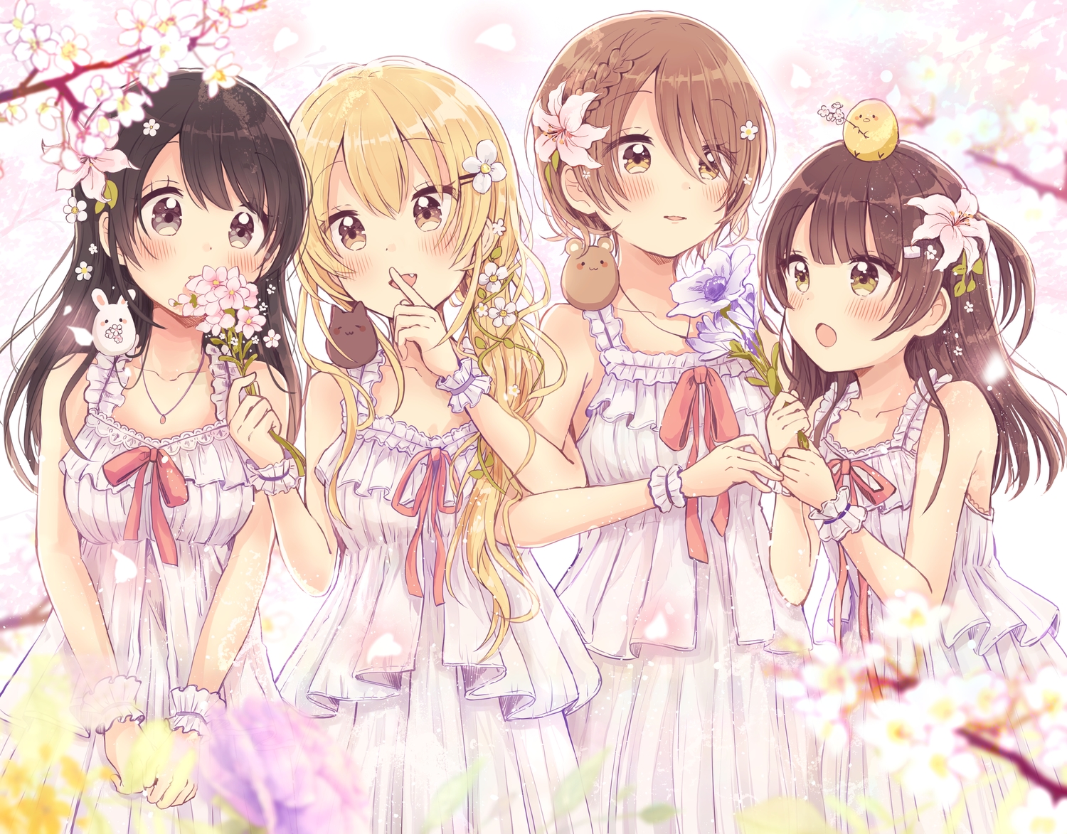 animal, bird, black_eyes, black_hair, blonde_hair, blush, braids, brown_eyes