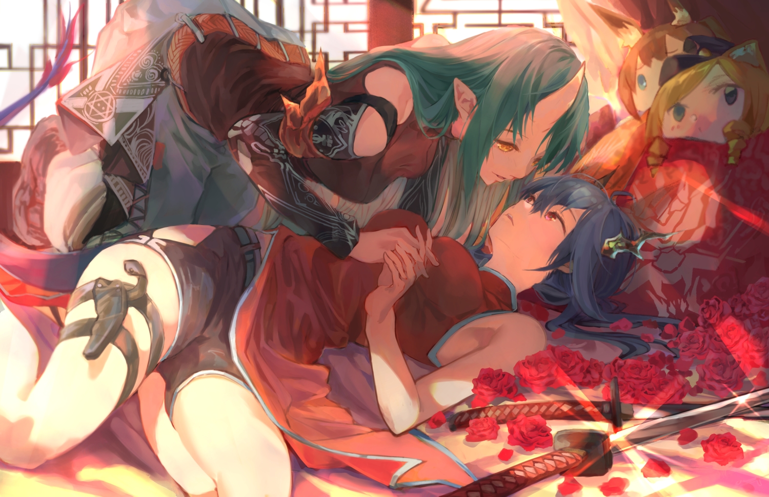 2girls, amiya_(arknights), animal_ears, arknights, blue_hair, bunny_ears, bunnygirl, ch'en_(arknights), chinese_clothes, chinese_dress, cropped, dress, flowers, green_hair, horns, hoshiguma_(arknights), long_hair, pointed_ears, purple_eyes, rose, saitogiulio, shorts, shoujo_ai, swire_(arknights), sword, tail, weapon, yellow_eyes