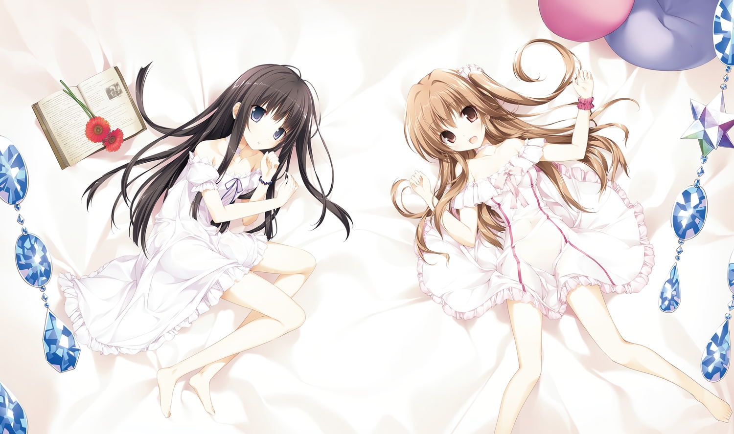 2girls, aomi_maika, barefoot, blue_eyes, book, brown_eyes, brown_hair, choker, cropped, dress, flowers, karory, long_hair, original, scan, tsukiishi_koyuki