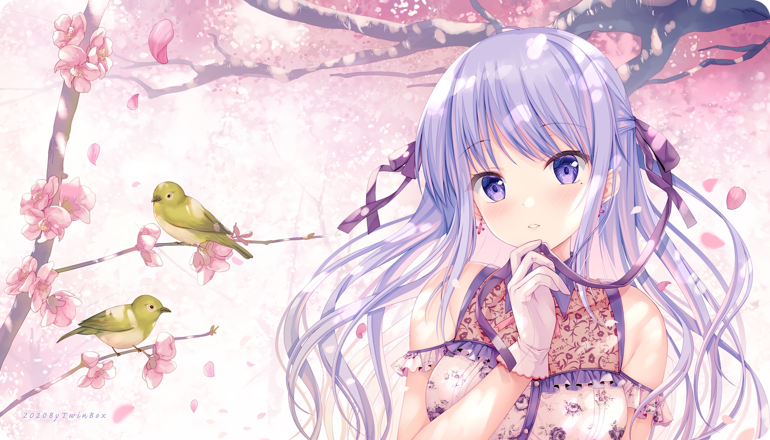 animal, bird, blush, cherry_blossoms, close, flowers, gloves, hiiragi_asuka, long_hair, original, purple_eyes, purple_hair, ribbons, sousouman, spring, tree, watermark