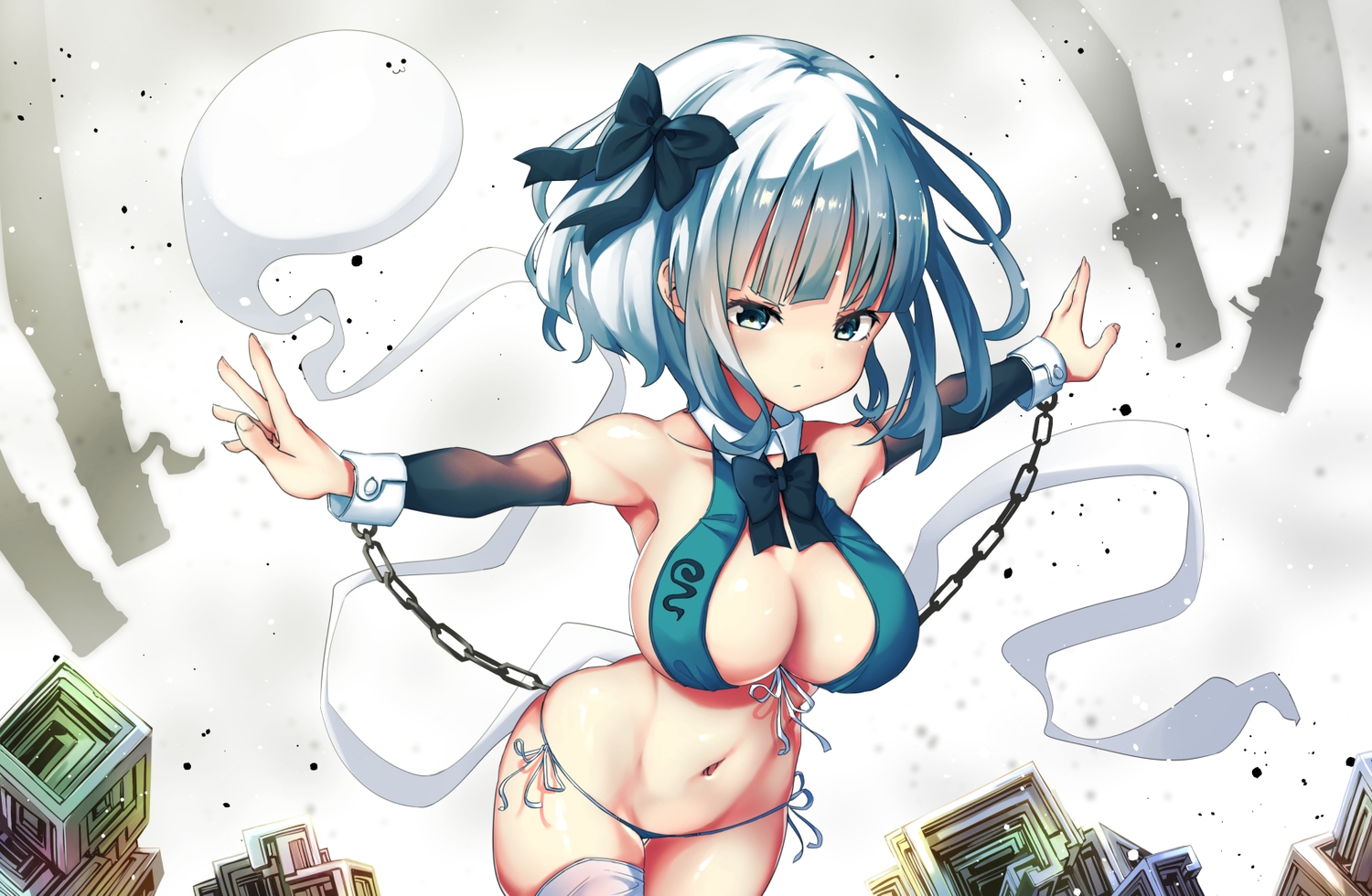 bondage, bow, breasts, chain, konpaku_youmu, myon, navel, pegashi, shackles, thighhighs, touhou, white_hair