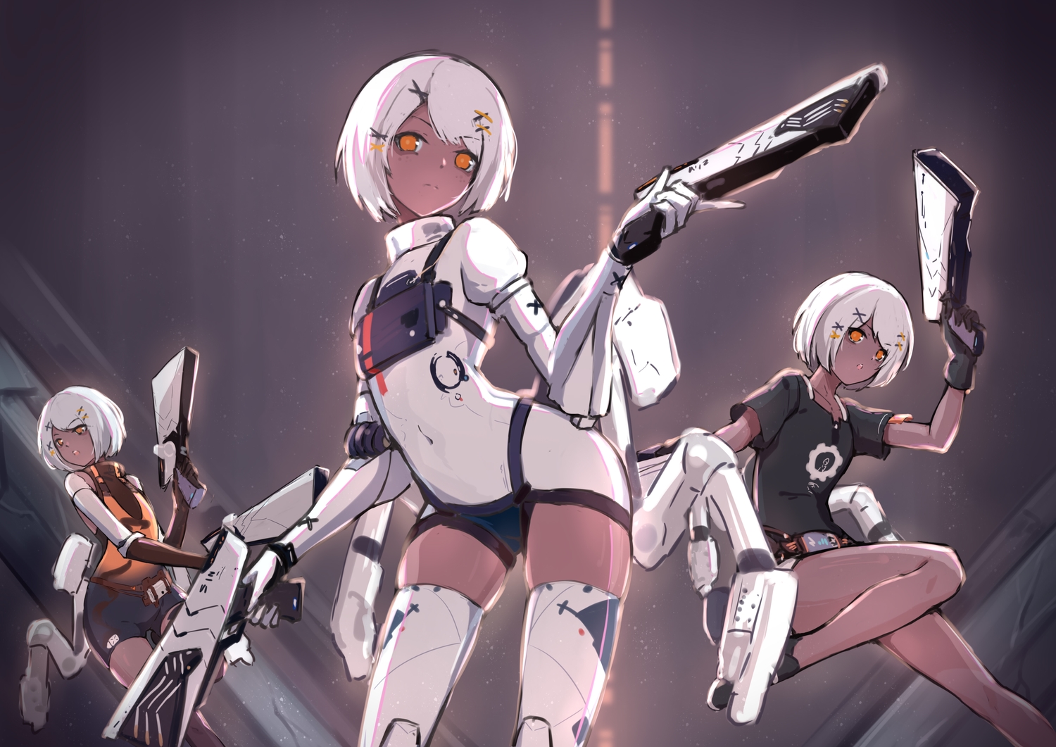 dark_skin, elbow_gloves, gloves, gun, jiusan_naitan, orange_eyes, punishing:_gray_raven, short_hair