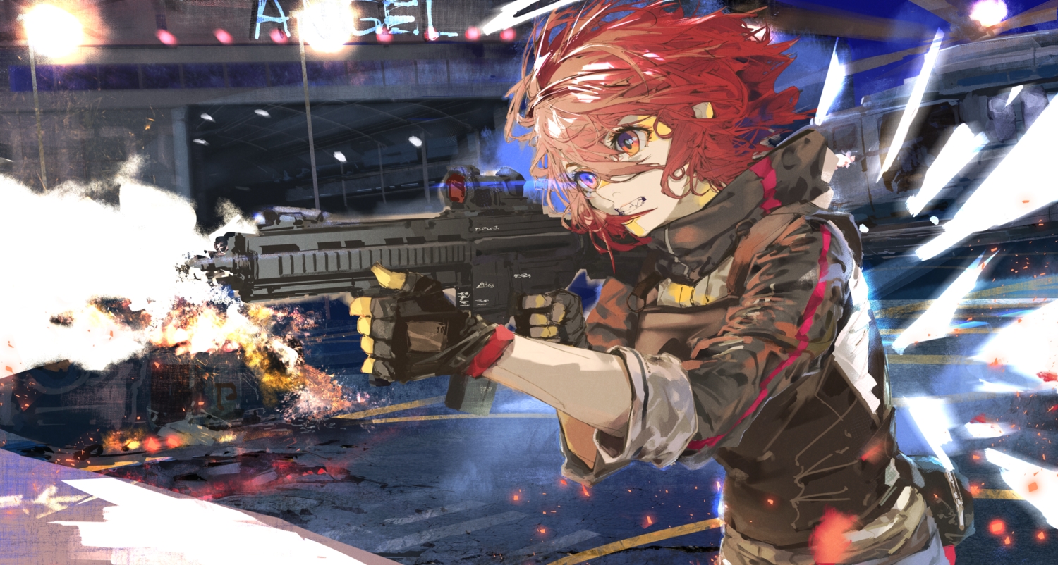 arknights, exusiai_(arknights), fire, gloves, gun, halo, kiriyama, orange_eyes