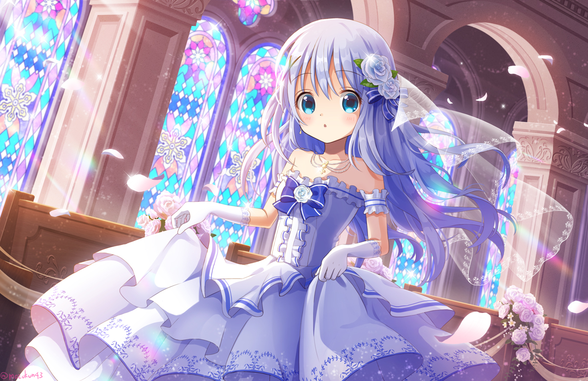 aqua_eyes, blue_hair, elbow_gloves, flowers, gloves, gochuumon_wa_usagi_desu_ka?, headdress, kafuu_chino, loli, long_hair, mozukun43, necklace, rose, skirt_lift, watermark, wedding_attire
