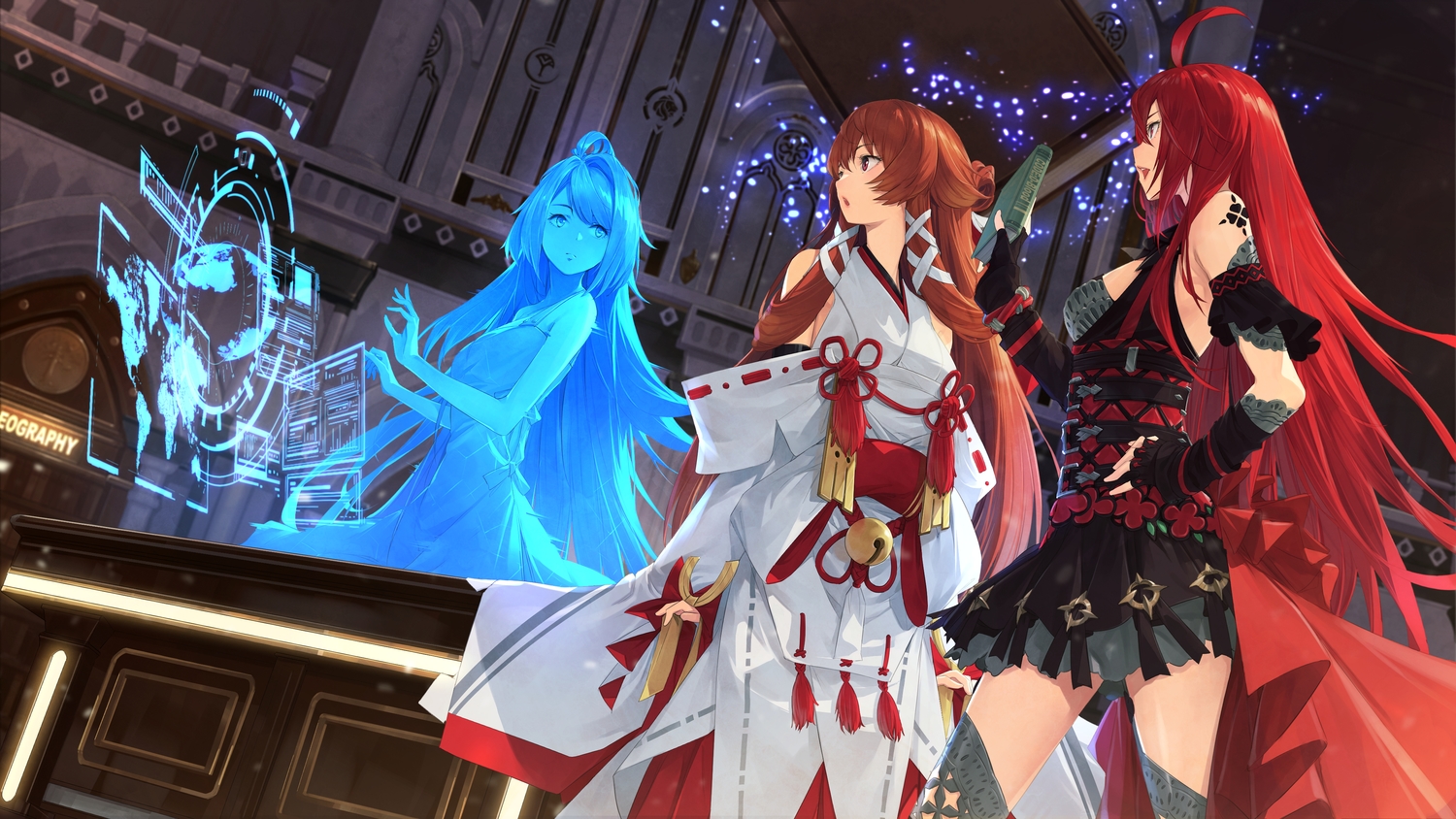 book, brown_hair, building, code:_d-blood, gloves, japanese_clothes, long_hair, miko
