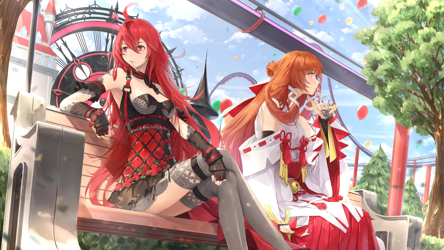2girls, blush, brown_hair, clouds, code:_d-blood, drink, gloves, japanese_clothes