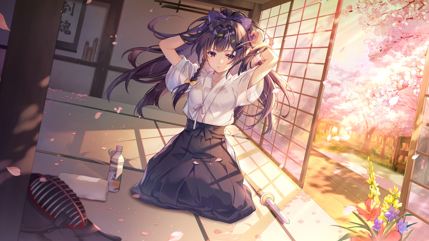 blush, bow, braids, cherry_blossoms, drink, ekita_kuro, flowers, honkai_impact, honkai_(series), japanese_clothes, long_hair, ponytail, purple_eyes, purple_hair, raiden_mei, spring, sword, tree, weapon