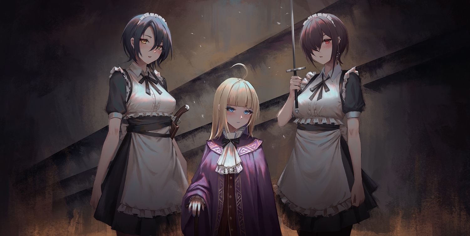black_hair, blonde_hair, blue_eyes, blush, gun, headband, long_hair, maid
