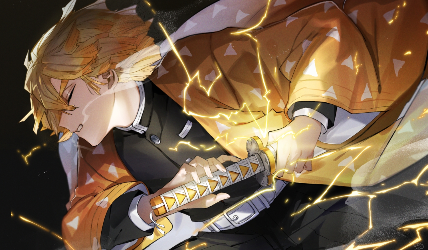 agatsuma_zenitsu, all_male, hassan_(sink916), katana, kimetsu_no_yaiba, male, sword, weapon