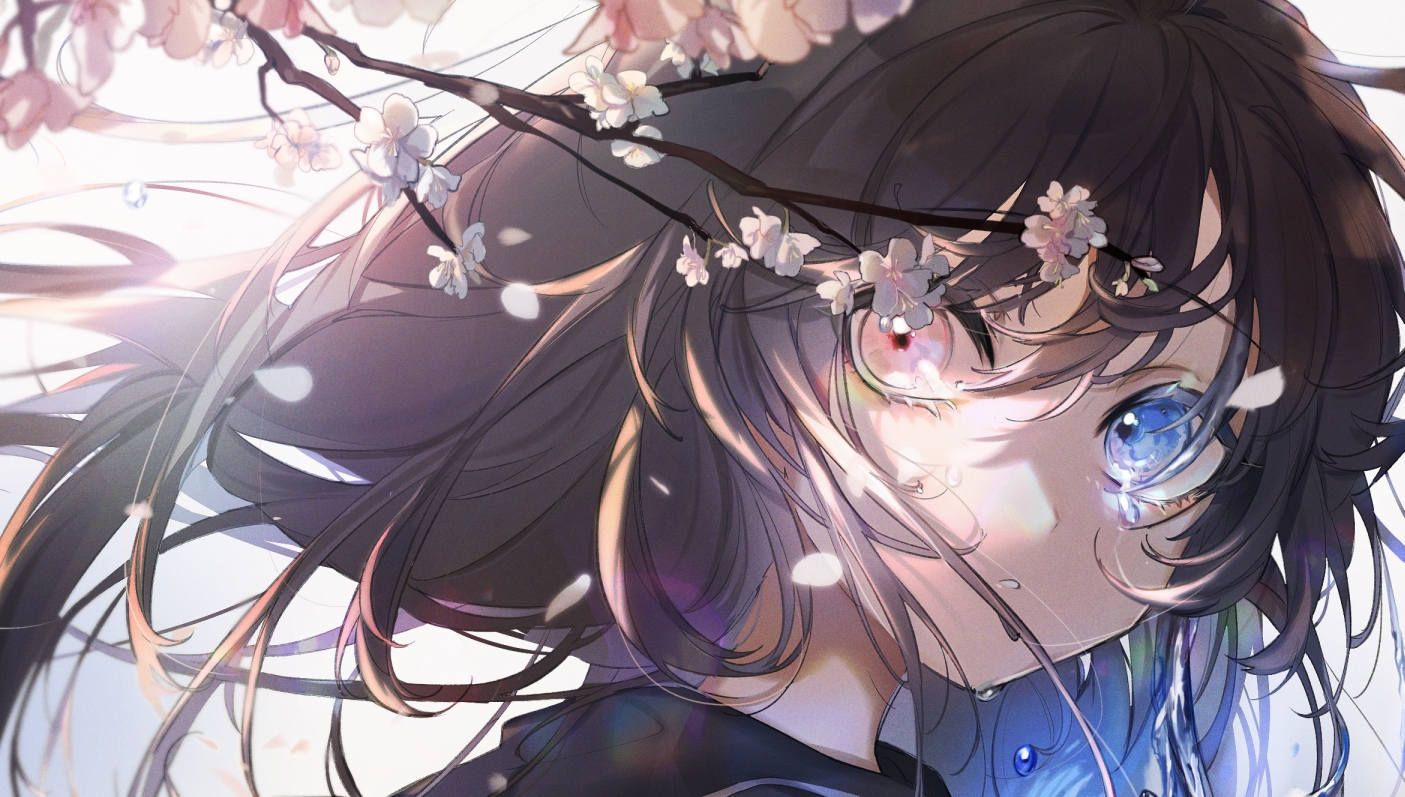 bicolored_eyes, brown_hair, cherry_blossoms, close, flowers, hassan_(sink916), original, petals