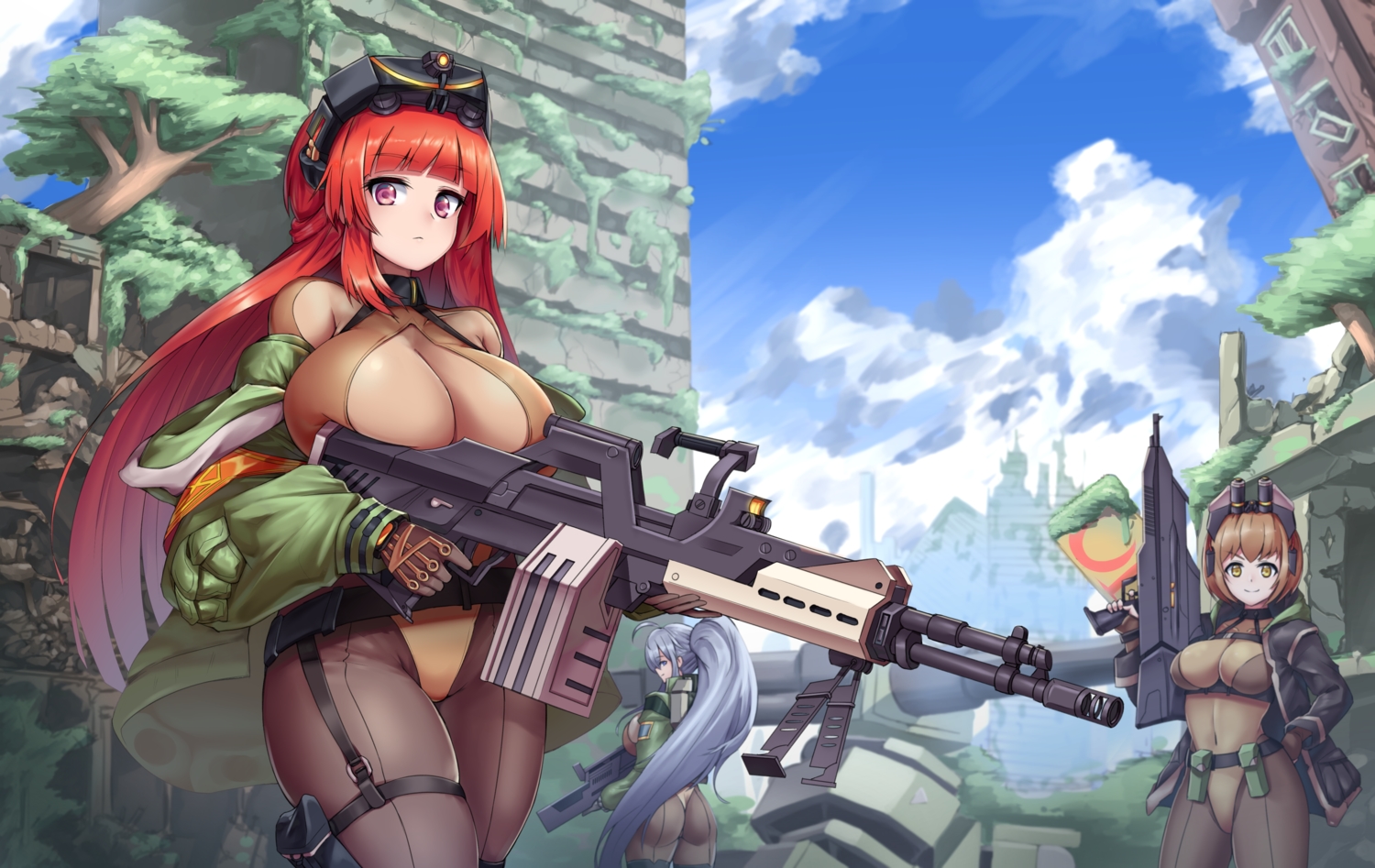 ass, bodysuit, breasts, brown_hair, clouds, gloves, gun, kkumdol, last_origin, long_hair, open_shirt, ponytail, purple_eyes, red_hair, ruins, short_hair, skintight, sky, t-20s_gnome, t-2_brownie, t-3_leprechaun, tree, weapon