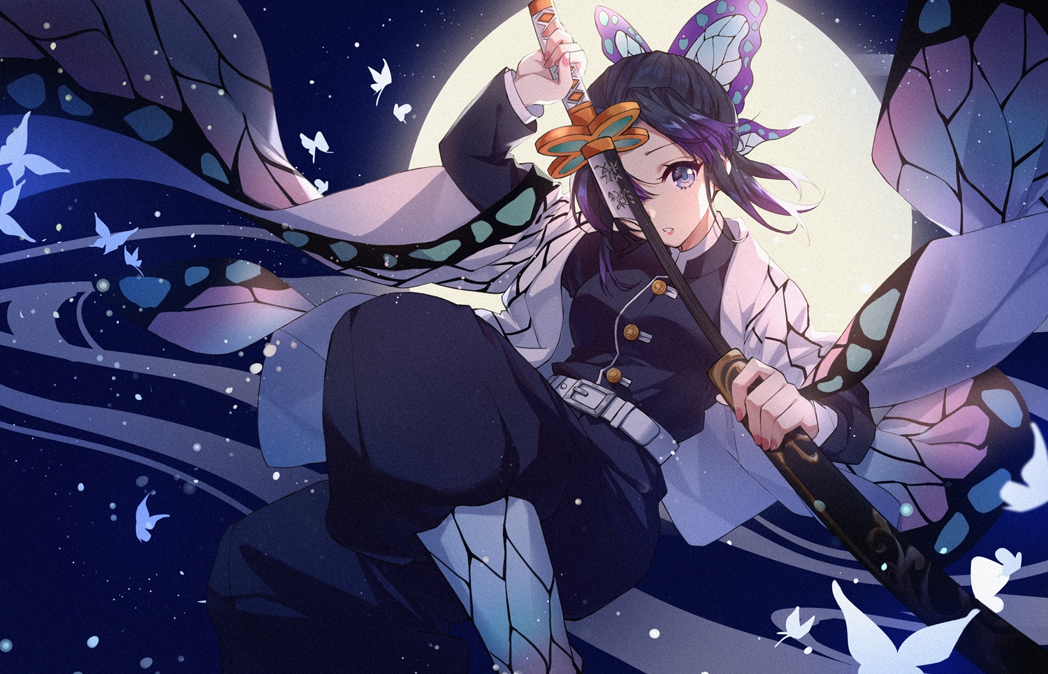 katana, kimetsu_no_yaiba, kochou_shinobu, moon, sword, weapon, zhong_chai