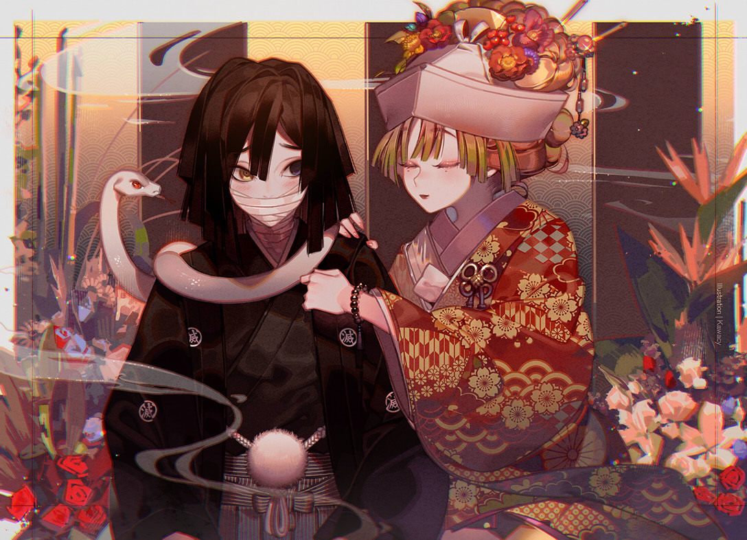 animal, bicolored_eyes, iguro_obanai, japanese_clothes, kanroji_mitsuri, kawacy, kimetsu_no_yaiba, kimono
