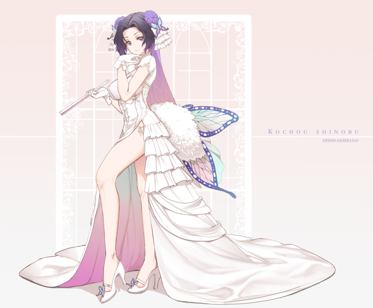 dishwasher1910, dress, gloves, kimetsu_no_yaiba, kochou_shinobu, watermark