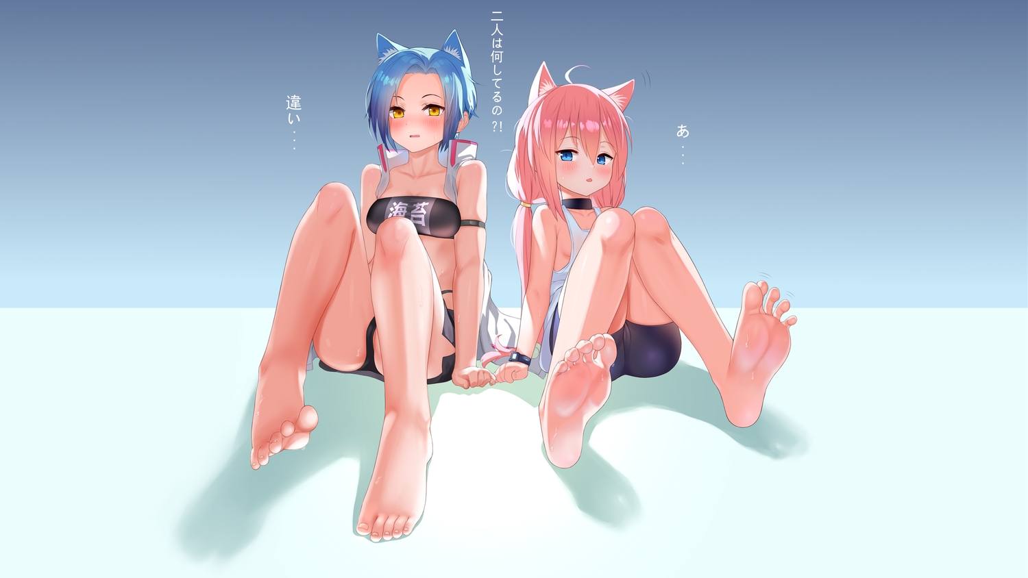 2girls, animal_ears, barefoot, bike_shorts, blue_eyes, blue_hair, blush, cameltoe