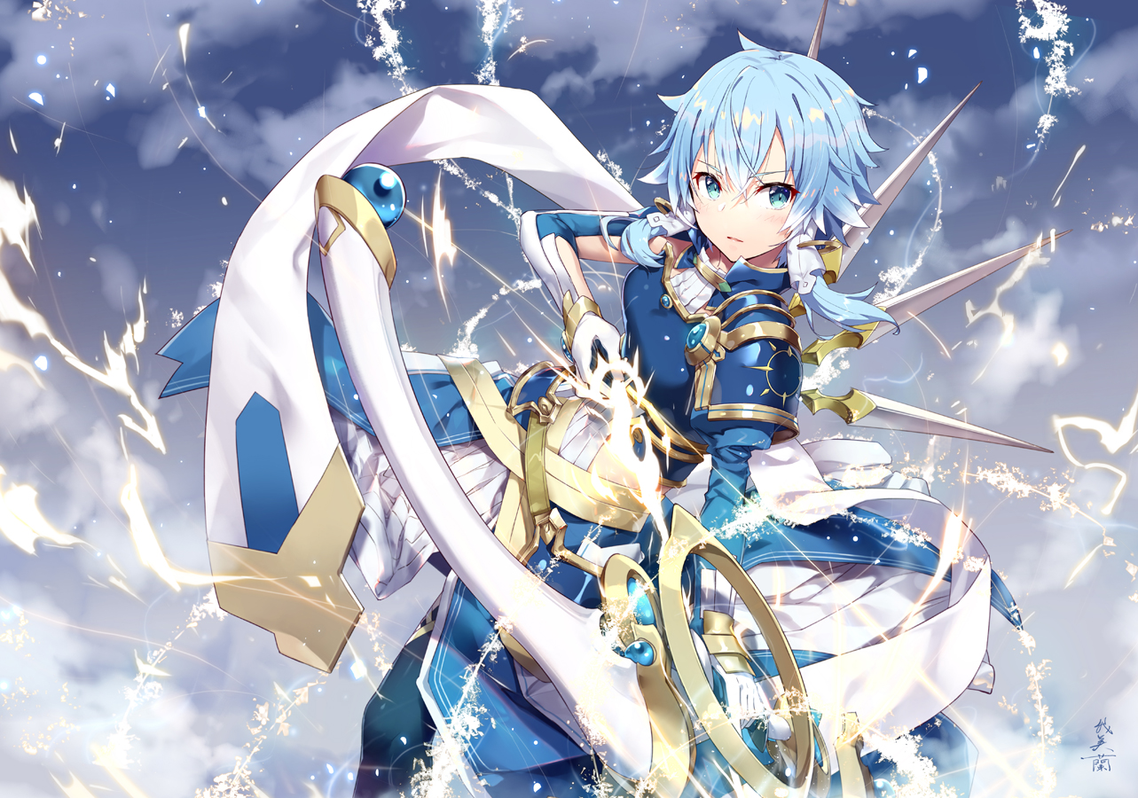 blue_hair, bow_(weapon), clouds, gabiran, gloves, green_eyes, shinon_(sao), short_hair
