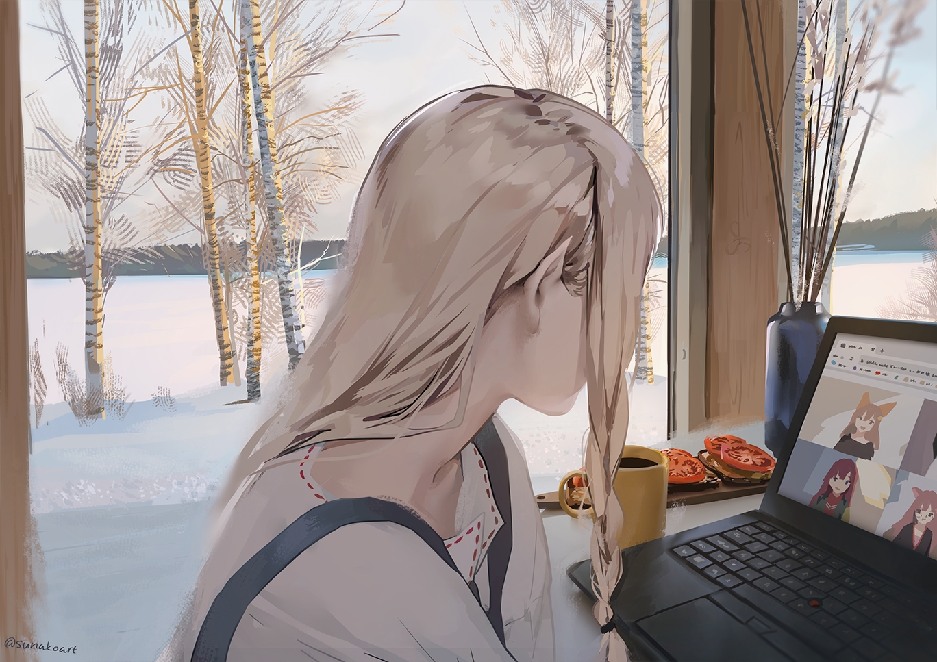 blonde_hair, computer, drink, food, long_hair, original, pointed_ears, signed