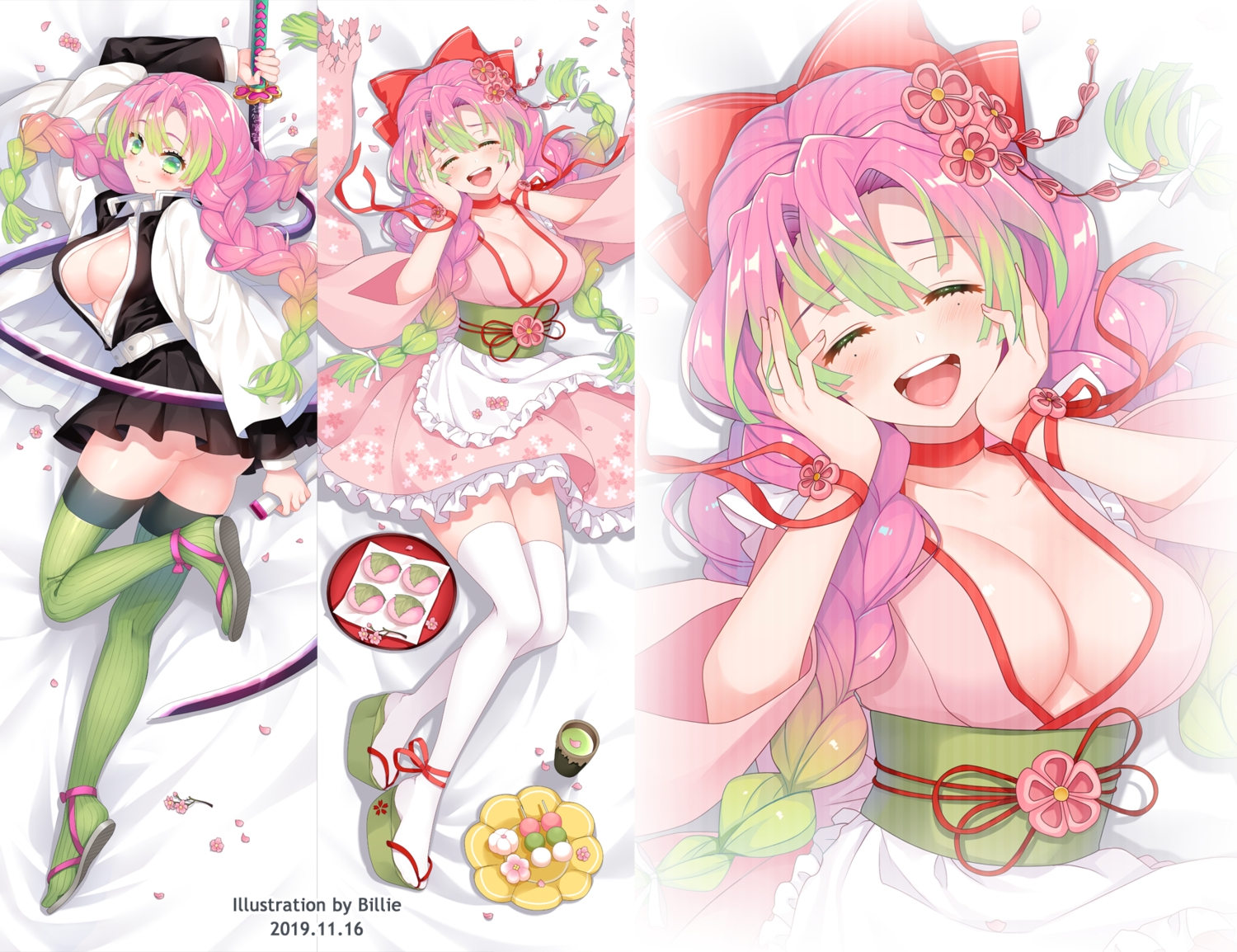 apron, breasts, cleavage, food, japanese_clothes, kanroji_mitsuri, kimetsu_no_yaiba, lolita_fashion, menggongfang, petals, pink_hair, thighhighs, watermark