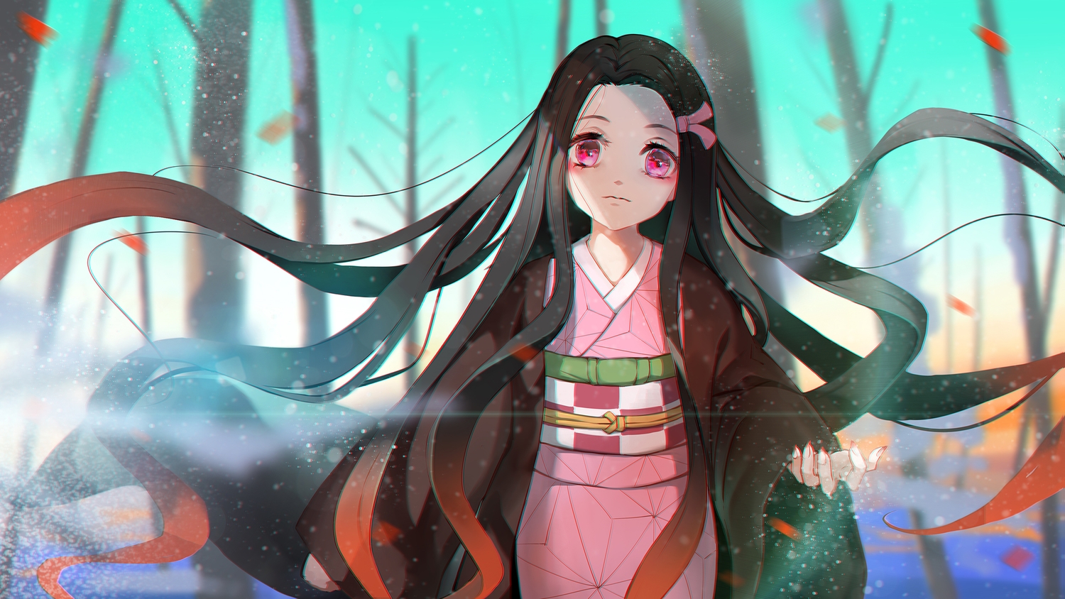 asanogawa_(tutufcc), black_hair, japanese_clothes, kamado_nezuko, kimetsu_no_yaiba, kimono, long_hair, purple_eyes