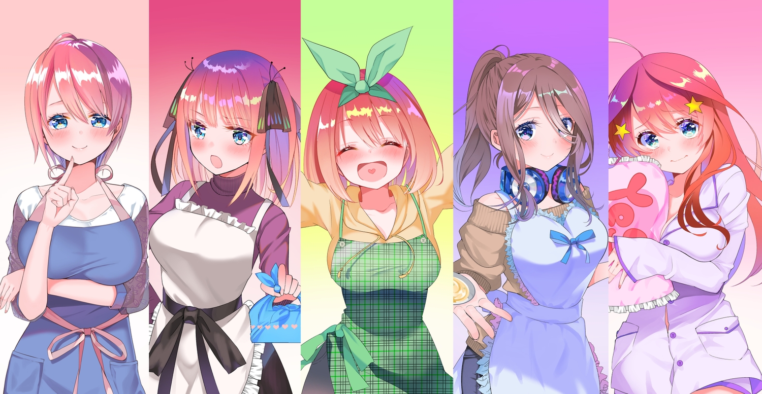 apron, go-toubun_no_hanayome, nakano_ichika, nakano_itsuki, nakano_miku, nakano_nino, nakano_yotsuba, piyopoyo