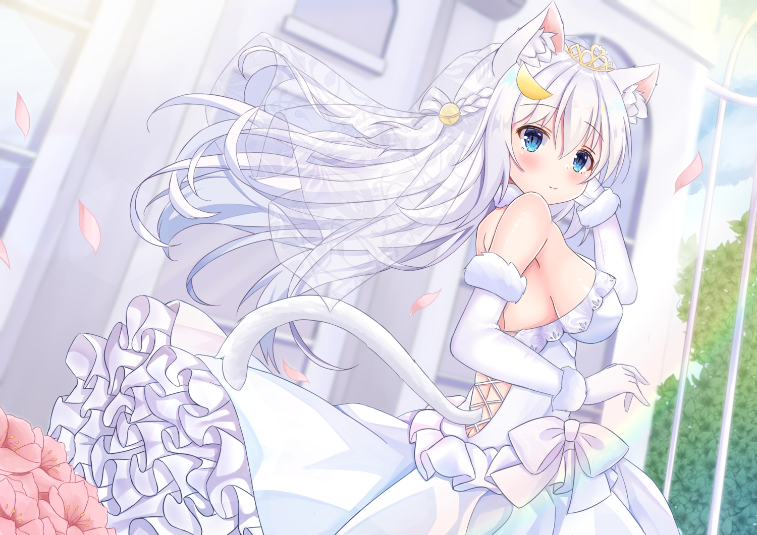 animal_ears, aqua_eyes, blush, bow, braids, breasts, catgirl, elbow_gloves, gloves, headdress, kurashina_yuzuki, long_hair, original, petals, tail, tiara, wedding_attire, white_hair