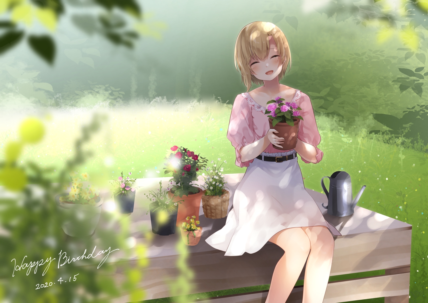 aiba_yumi, blonde_hair, blush, flowers, garter_belt, grass, green, idolmaster, idolmaster_cinderella_girls, nekonomimi, short_hair, skirt