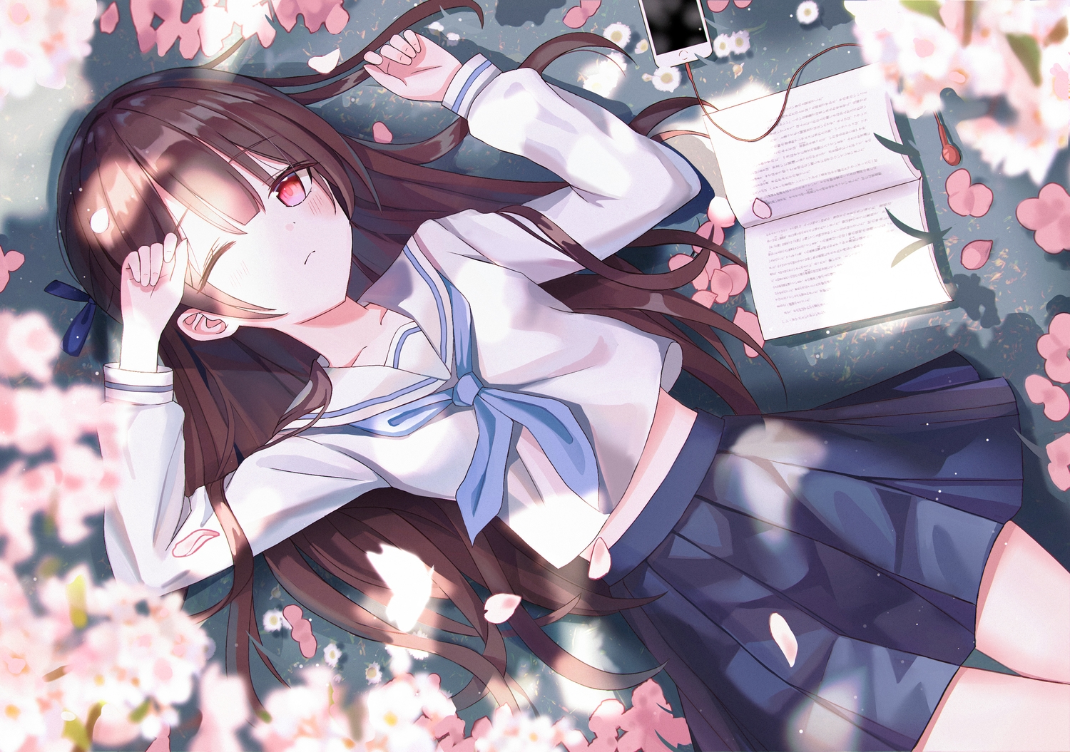 black_hair, flowers, iren_lovel, long_hair, original, school_uniform