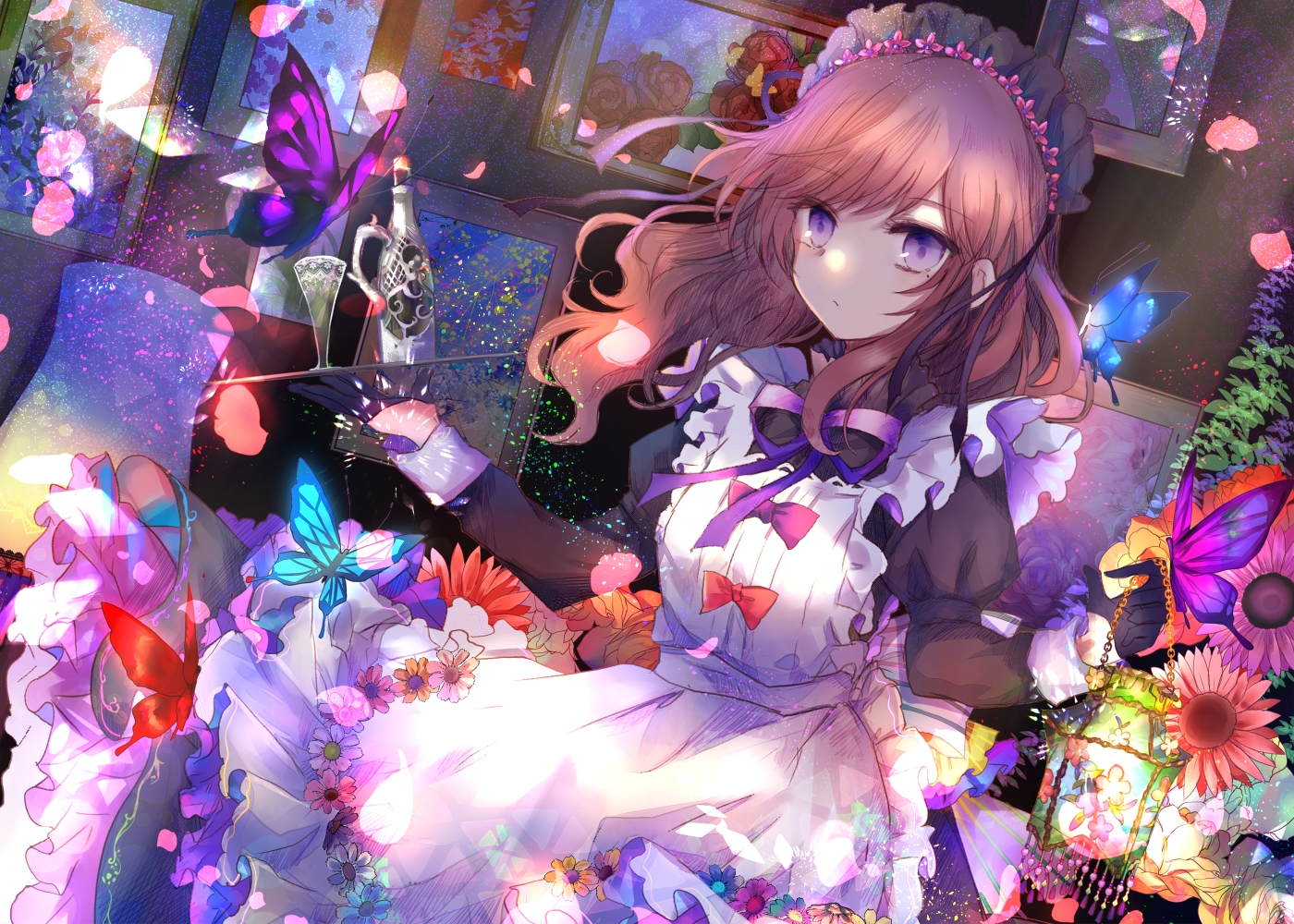 apron, brown_hair, butterfly, drink, flowers, gloves, headdress, kazu_(muchuukai)