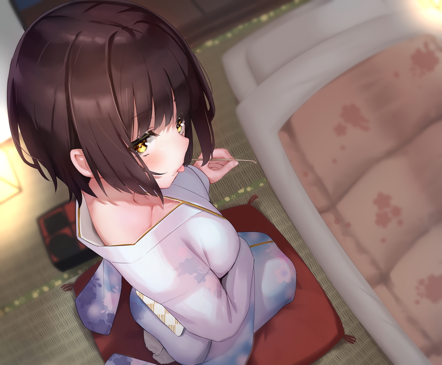 bed, blush, brown_hair, japanese_clothes, original, reinama, short_hair, socks