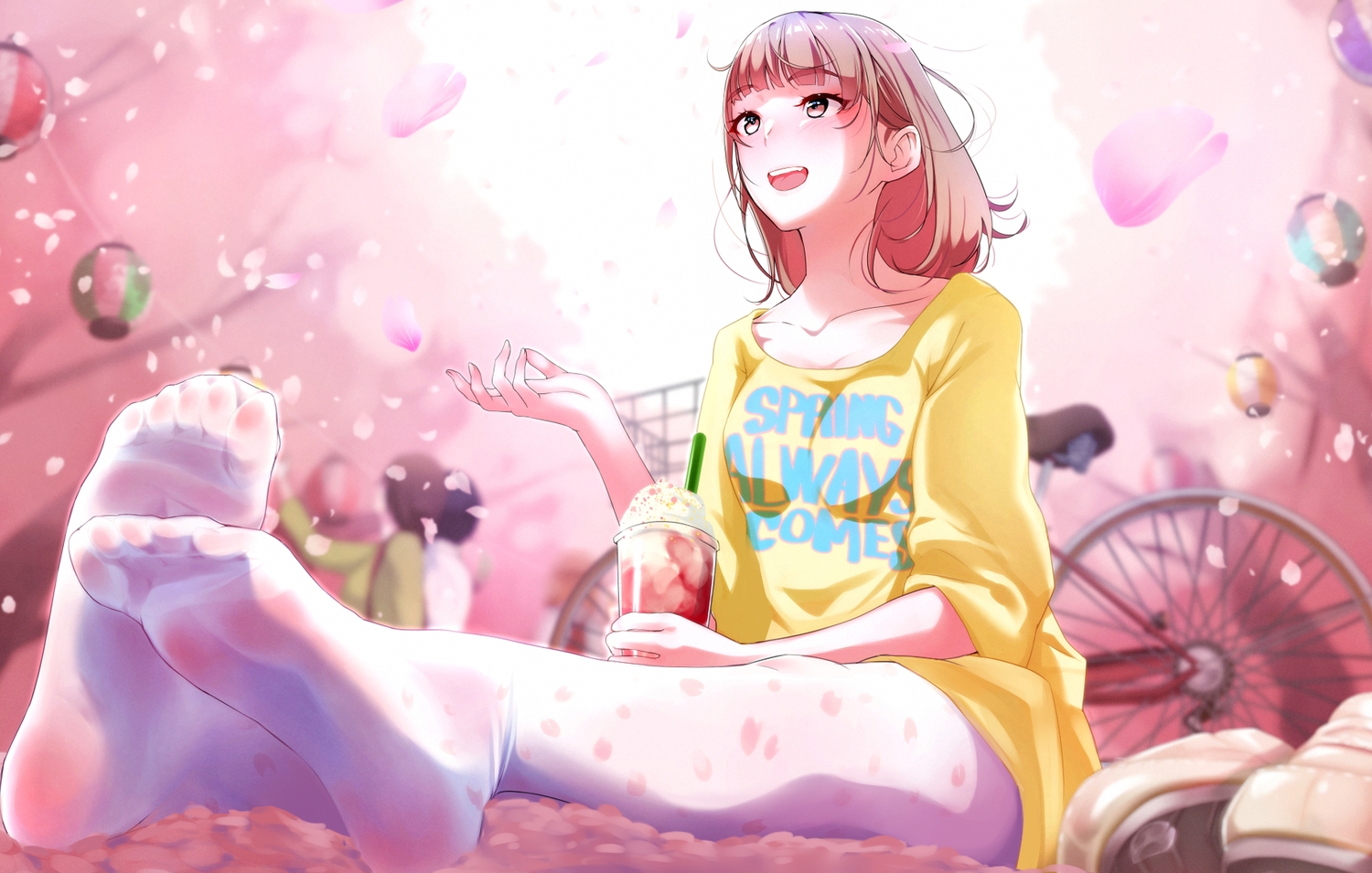 bicycle, blush, brown_eyes, brown_hair, cherry_blossoms, drink, flowers, natsui_tuna