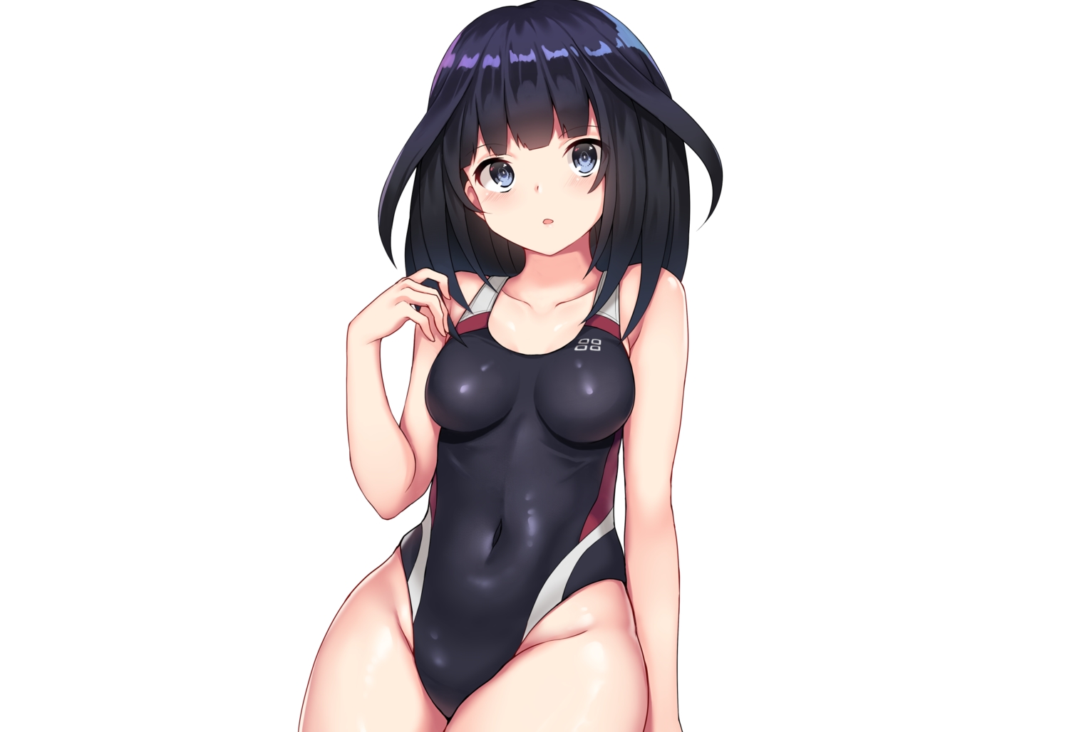 agatsuma_kaede, alice_gear_aegis, black_hair, blue_eyes, blush, nene_(hong_kong), short_hair, skintight, swimsuit, white