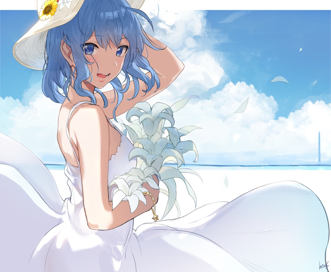 blue_eyes, blue_hair, clouds, cropped, dress, hat, hewsack, hololive