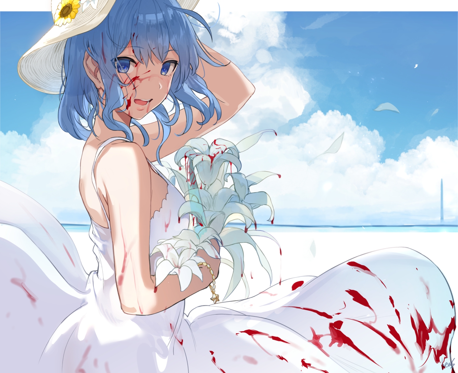 blood, blue_eyes, blue_hair, clouds, cropped, dress, flowers, hat
