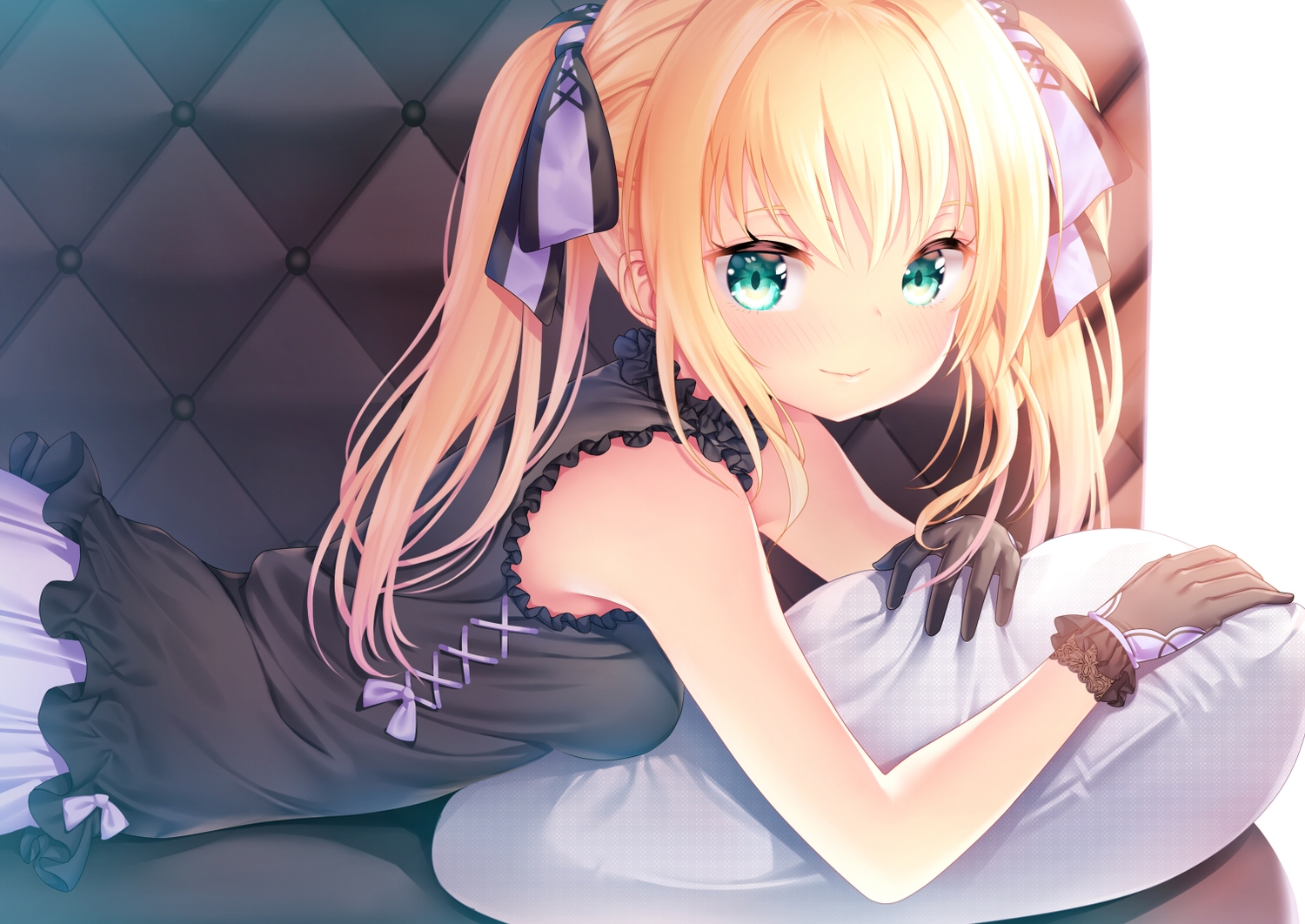 blonde_hair, blush, close, couch, gloves, green_eyes, long_hair, original