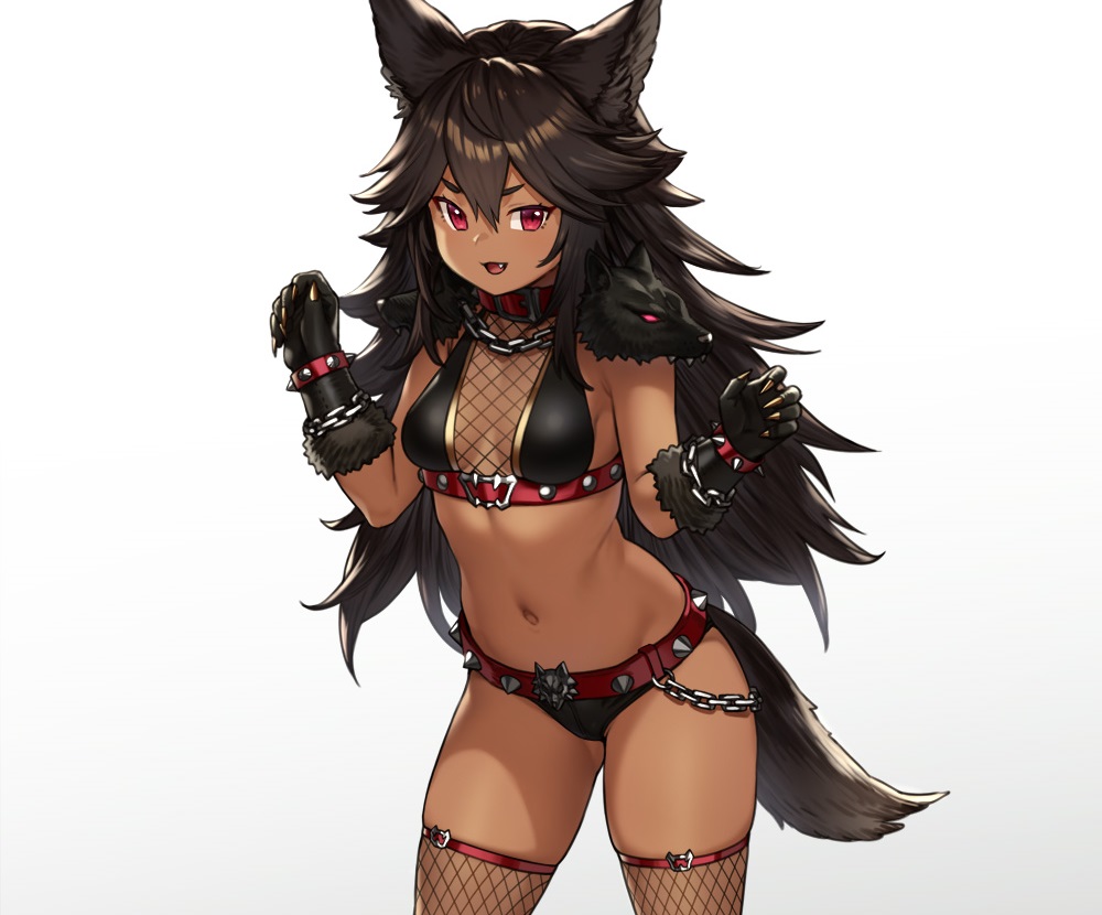 animal_ears, bikini, black_hair, chain, collar, cropped, dark_skin, fang