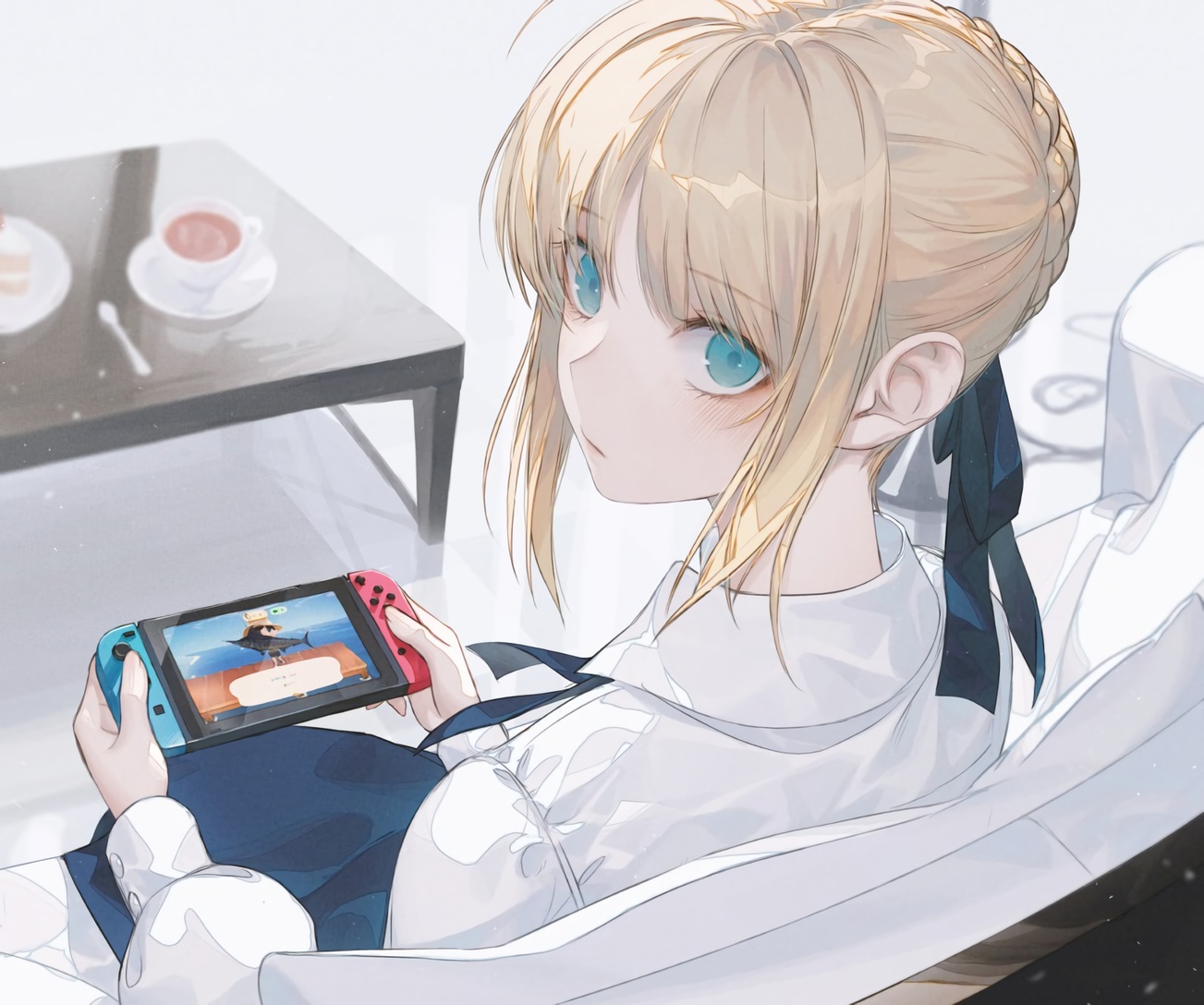 aqua_eyes, artoria_pendragon_(all), blonde_hair, blush, braids, close, couch, cropped, doubutsu_no_mori, drink, fate_(series), fate/stay_night, game_console, ribbons, saber, shirt, short_hair, waifu2x, wanke