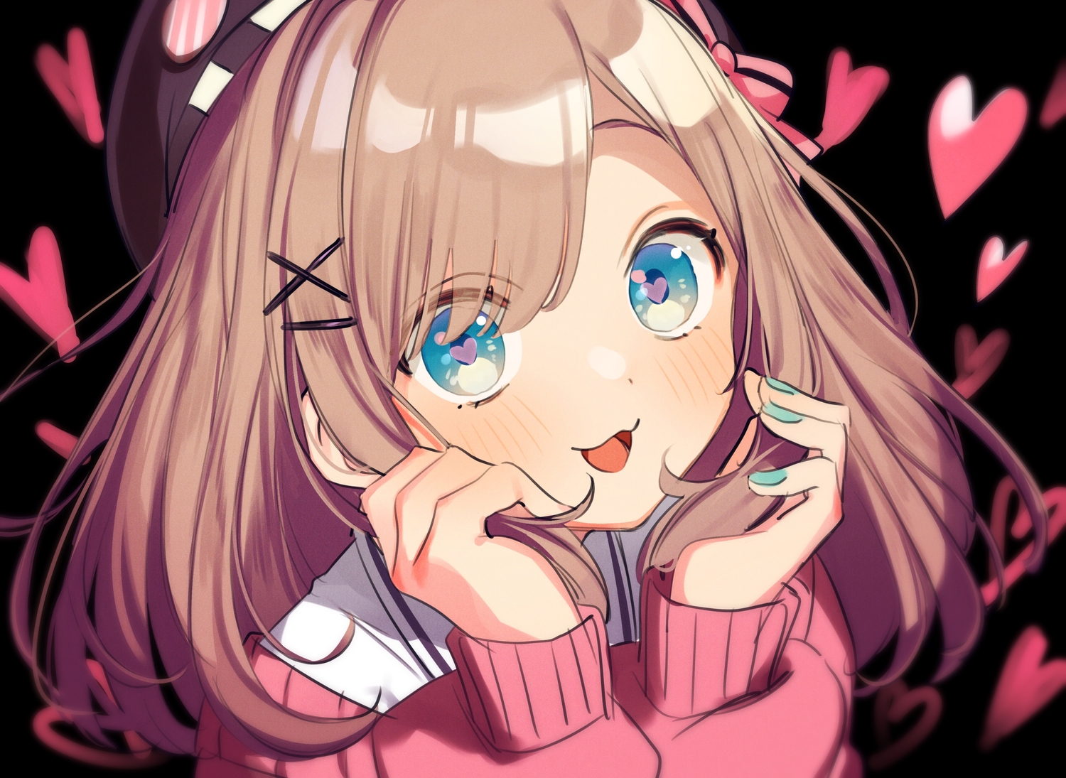 aqua_eyes, black, blush, brown_hair, cat_smile, close, hat, heart, kuma_daigorou, nijisanji, school_uniform, short_hair, suzuhara_lulu