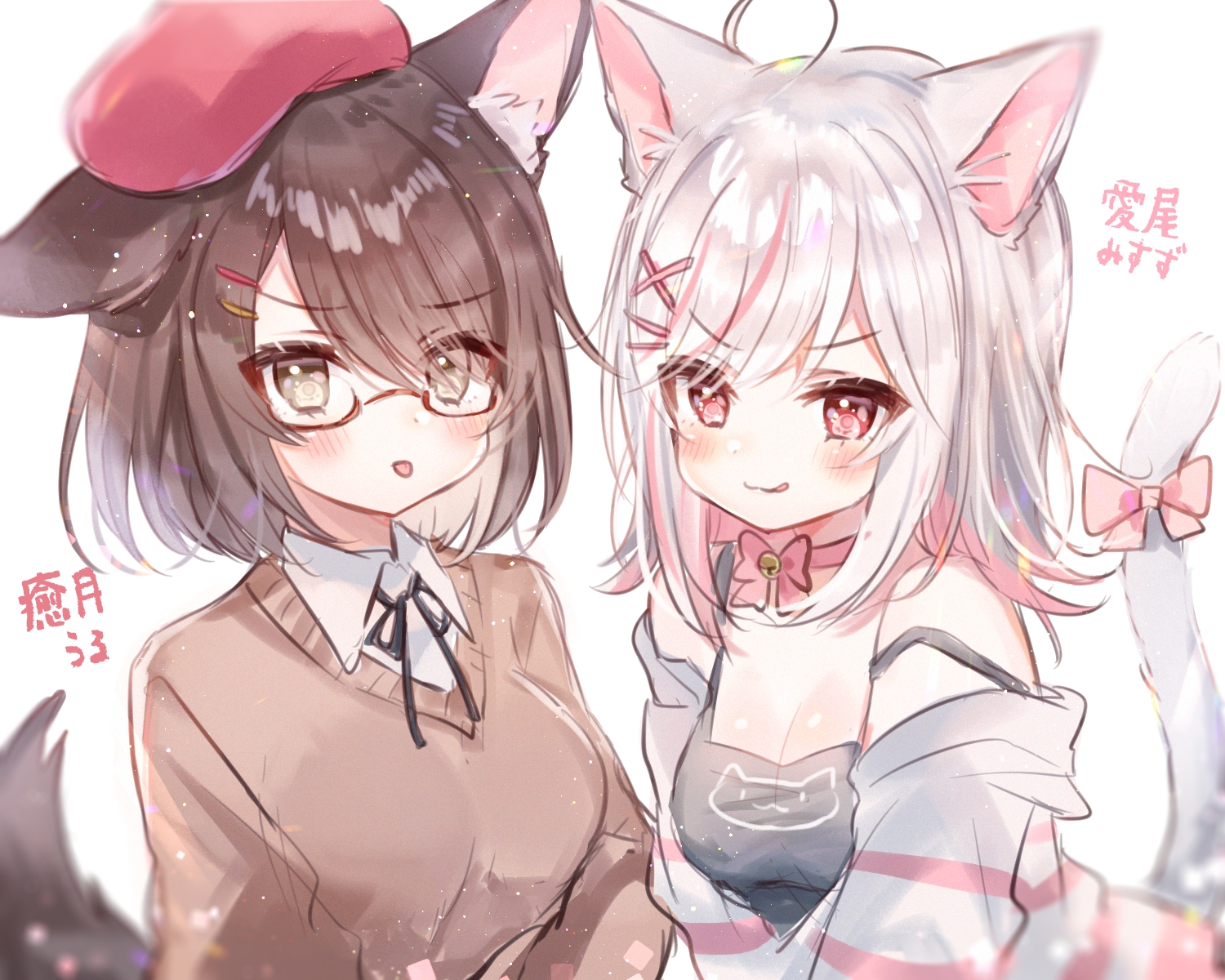 2girls, animal_ears, blush, bow, breasts, brown_eyes, brown_hair, catgirl, cat_smile, choker, cleavage, glasses, gray_hair, light_up, manao-ke, manao_misuzu_(artist), manao_misuzu_(character), red_eyes, short_hair, sketch, tail, wolfgirl, yuzuki_uru