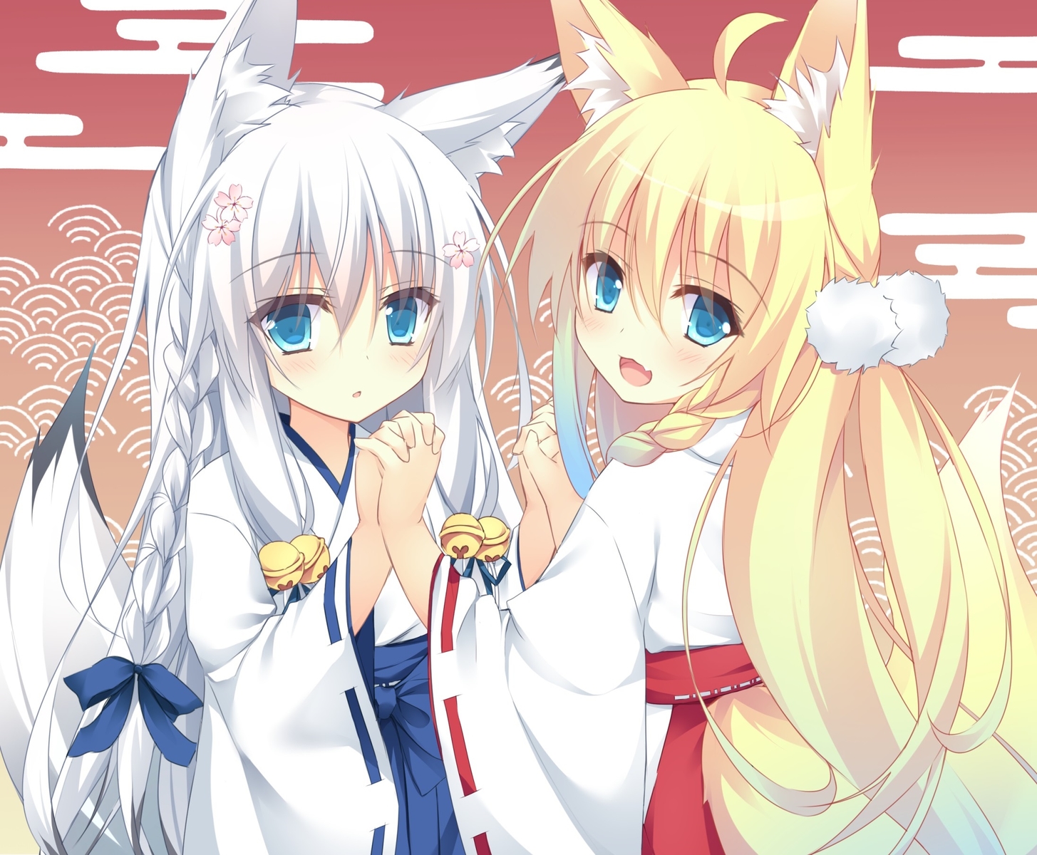 2girls, animal_ears, aqua_eyes, bell, blonde_hair, blush, braids, cat_smile, cropped, fang, foxgirl, gradient, japanese_clothes, long_hair, miko, minatsukikou, original, tail, white_hair