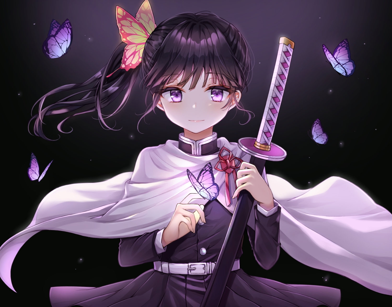 butterfly, cape, katana, kimetsu_no_yaiba, sword, tsuyuri_kanao, weapon, yeorem