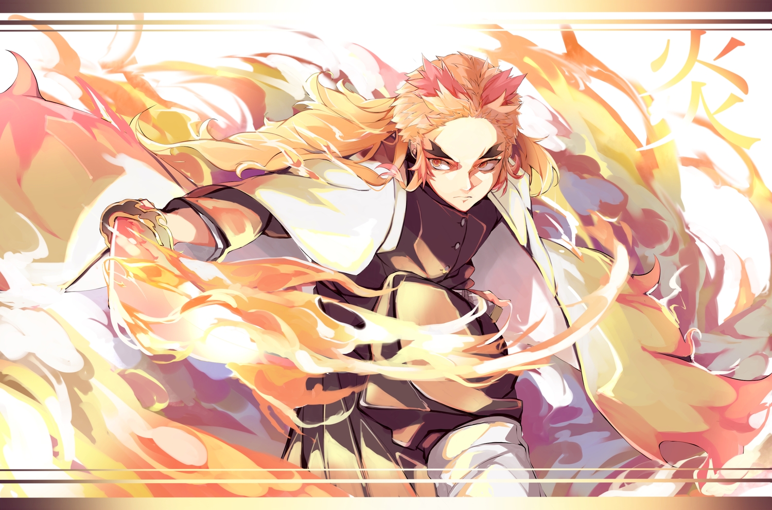 all_male, fire, kimetsu_no_yaiba, male, rengoku_kyoujurou, tomocha_(tmc_tmc8)