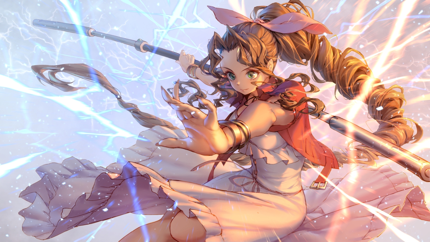 aerith_gainsborough, final_fantasy, final_fantasy_vii, lilithbloody, magic, staff