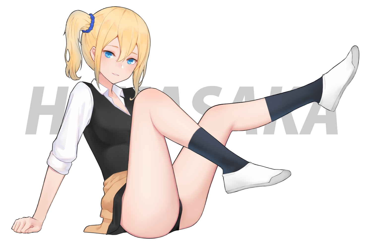 aqua_eyes, blonde_hair, blush, hayasaka_ai, kaguya-sama_wa_kokurasetai_~tensai-tachi_no_renai_zunousen~, kneehighs, liangfen232, panties, ponytail, underwear, white