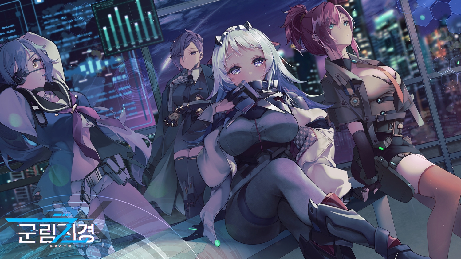 border_reign, building, city, clouds, elbow_gloves, eyepatch, garter_belt, gloves, green_eyes, group, kanola_u, kin'un_(border_reign), koubu_(border_reign), logo, long_hair, night, ponytail, purple_hair, red_hair, shorts, sky, stars, tagme_(character), thighhighs, white_hair, yellow_eyes
