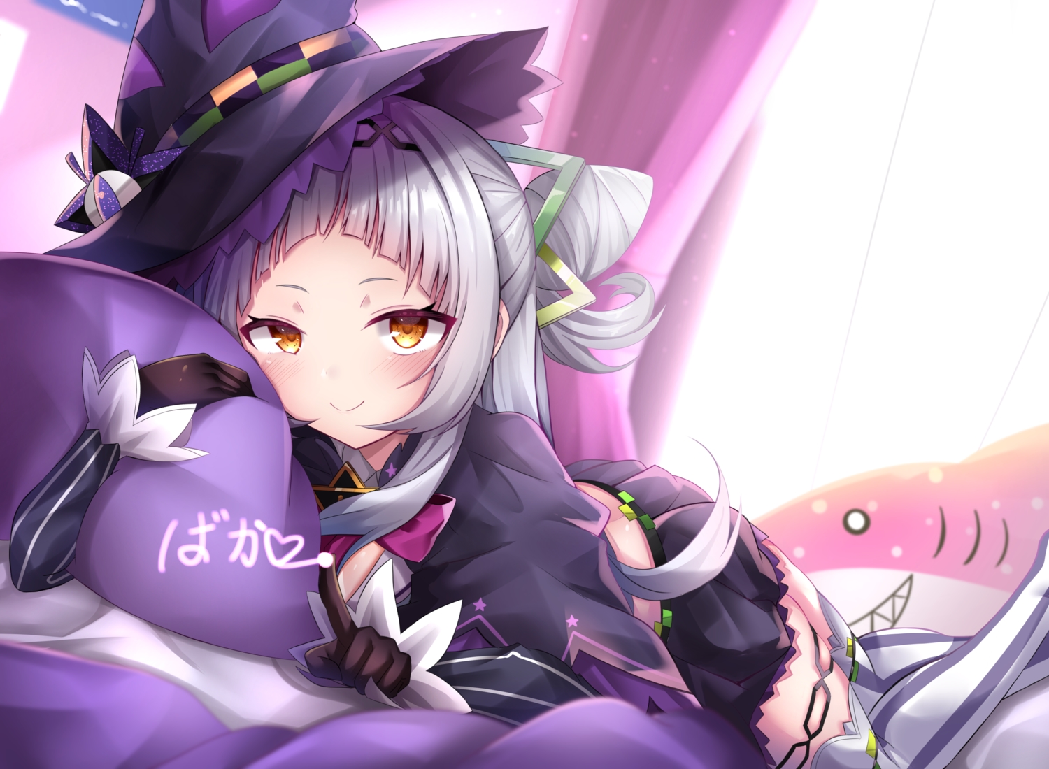 bed, blush, gloves, gray_hair, hat, hololive, long_hair, murasaki_shion, shiki_(catbox230123), skirt, witch_hat, yellow_eyes